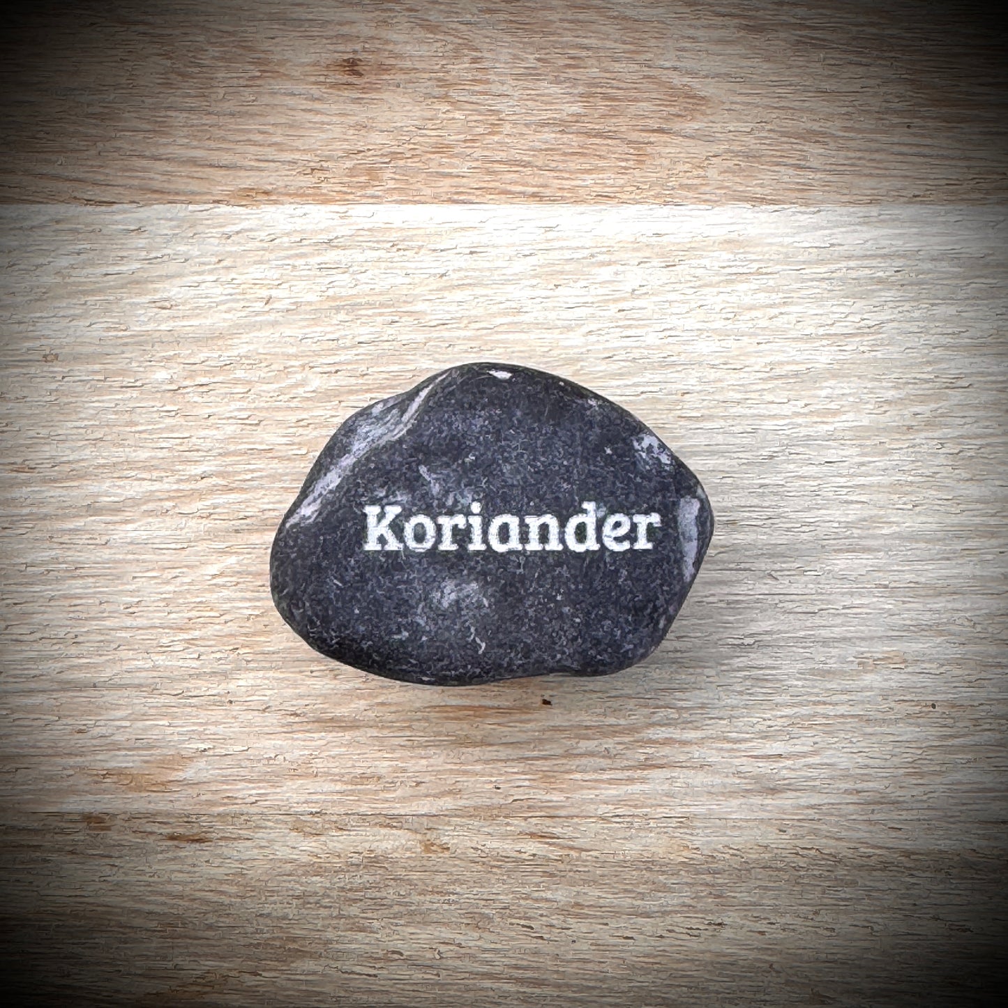 PlantPebbles Mini Pebble – kleiner Gravurstein aus Naturkiesel mit Kräutergravur „Koriander“