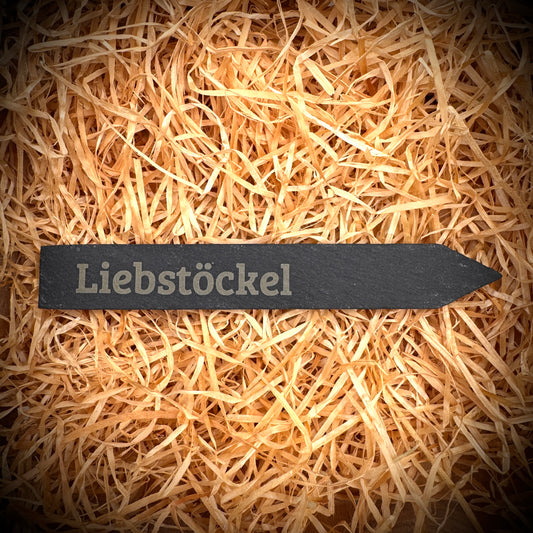 Liebstöckel – Gravur-Pflanzenstecker aus Schiefer (15 × 2 cm)