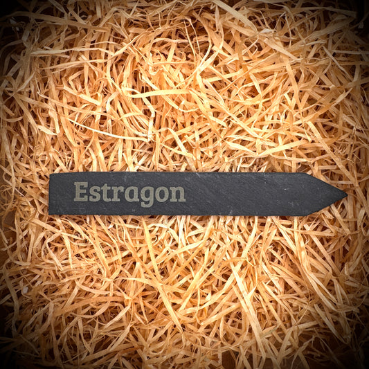 Estragon – Gravur-Pflanzenstecker aus Schiefer (15 × 2 cm)
