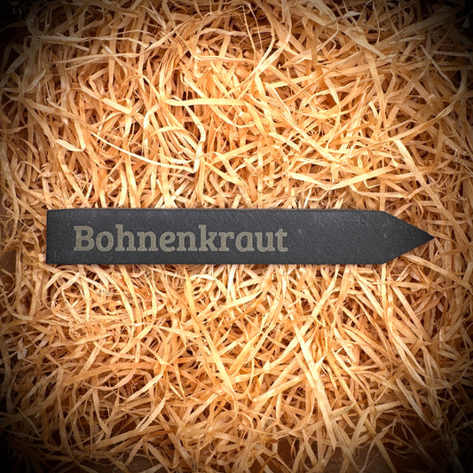 Bohnenkraut – Gravur-Pflanzenstecker aus Schiefer (15 × 2 cm)