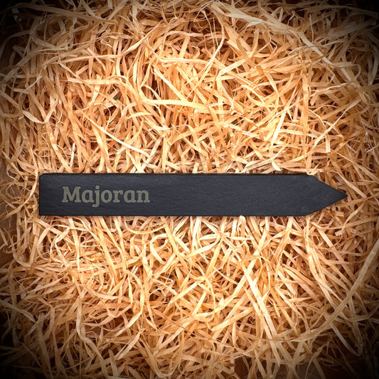 Majoran – Gravur-Pflanzenstecker aus Schiefer (15 × 2 cm)