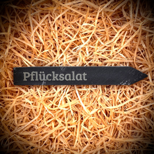 Pflücksalat – Gravur-Pflanzenstecker aus Schiefer (15 × 2 cm)