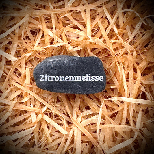 PlantPebbles Mini Pebble – kleiner Gravurstein aus Naturkiesel mit Kräutergravur „Zitronenmelisse“