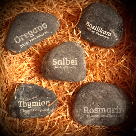 PlantPebbles Kräuterschatz 5er-Set gravierte Kräutersteine: Basilikum, Oregano, Salbei, Thymian und Rosmarin
