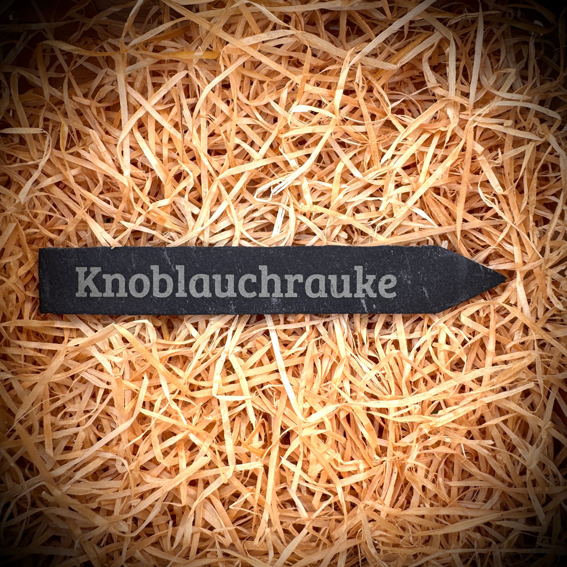 PlantPebbles Einzelstück Schieferstecker mit Lasergravur „Knoblauchrauke“