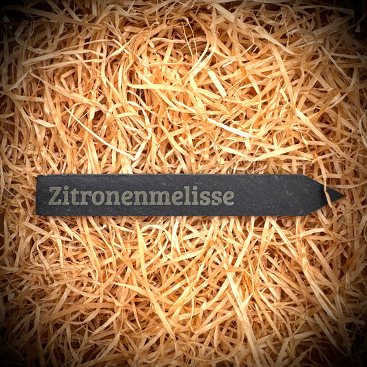 PlantPebbles Einzelstück Schieferstecker mit Lasergravur „Zitronenmelisse“